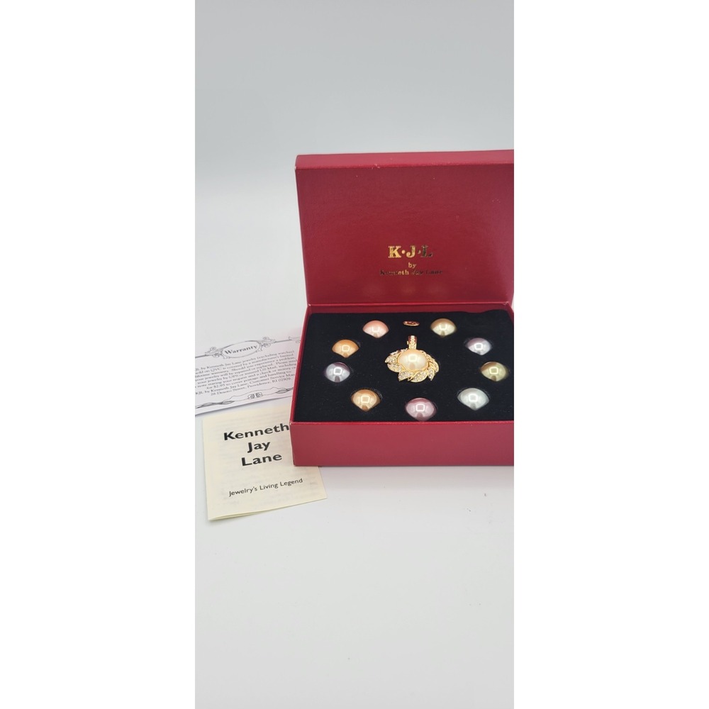 Vtg Kenneth Jay Lane KJL Gold Tone Sim Pearl Crystal Enhancer Pendant Set Box